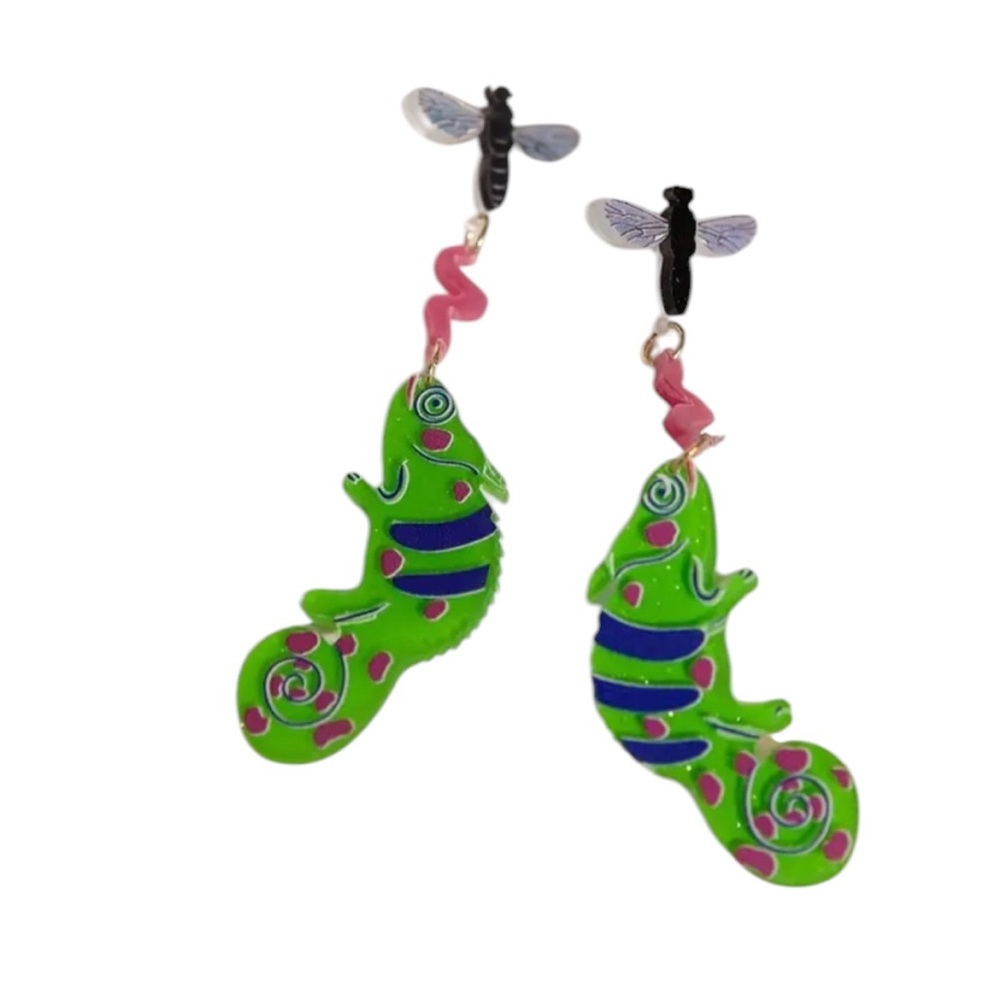 Green Lizard & Fly Dangle Earrings